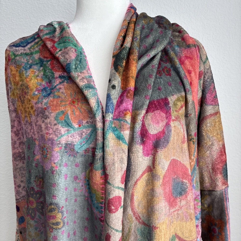Natural Life Long Cozy Patchwork Blanket Kimono Pink Trim S/M Sherpa Lined Boho - Picture 3 of 16